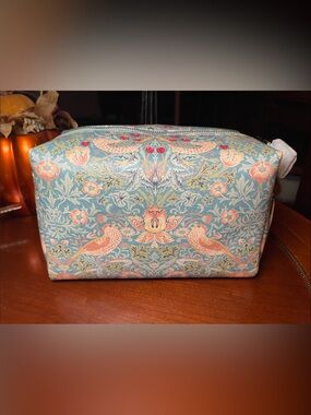 William Morris Floral & Bird Pattern Cosmetic Pouch in Blue and Peach